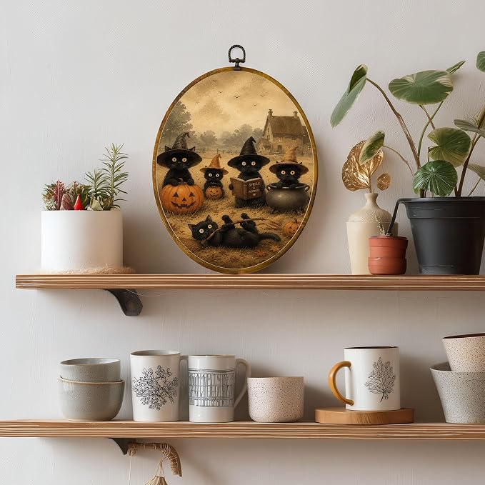 Witch Cat Pumpkin Oval Wall Art, Framed Canvas Decor, 8.5x11.5 Inch | Black witch cats, pumpkin, cauldron, broom and spell book, vintage Halloween decor