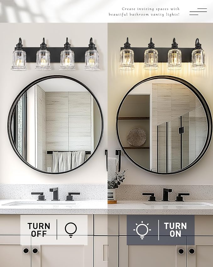 HWH 4-Light Bathroom Vanity Light, Wall Light Sconces for Bathroom, Dressing Table, Black Bathroom Mirror Wall Light with Bell-Shaped Clear Glass, Matte Black Finish, 5HZG106B-4W BK