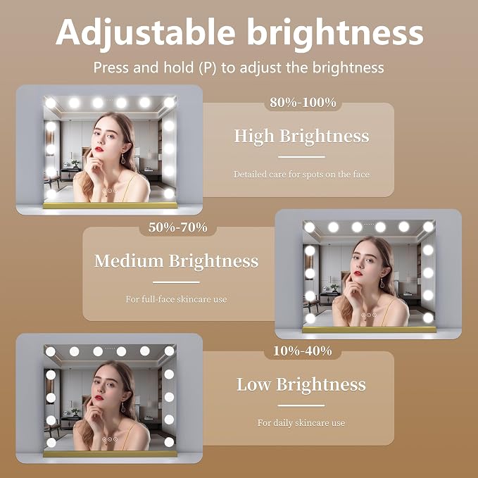 Vanity Mirror with Lights 19.7''x16.6'' Makeup Mirror with Lights Lighted Up Mirror with Dimmable LED Bulbs,3 Color Lighting Modes,USB Charging Port Touch Control,Sturdy Metal Frame Design,Gold