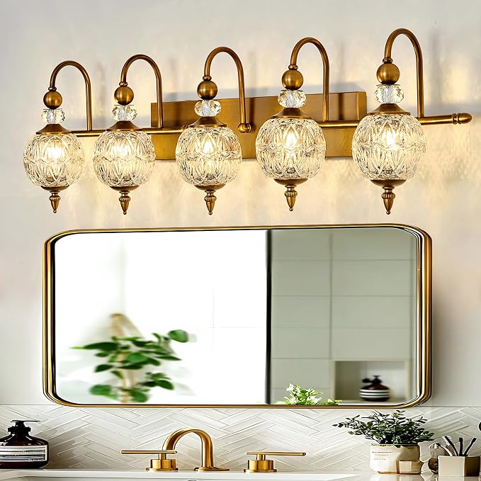 Piepooye Vintage Bathroom Lights Fixtures Gold Vanity Light with Glass Globe LampShade 5 Light Brushed Brass G9 Bulb Wall Sconce Antique Indoor Vanity Light Over Mirror for Kitchen Bedroom Living Room