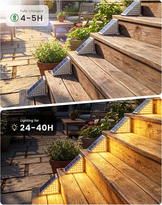 Outdoor Step Lights, Upgraded 28 LEDs 2 Brightness Modes, IP67 Waterproof Solar Stair Lights for Outside Steps, 1200mAh Battery Long Runtime Warm White for Patio Deck Yard Porch, 8 Pack