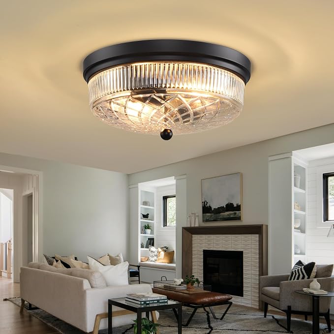 Semi Flush Mount Ceiling Light with Clear Glass Shades,3-Lights Industrial Semi Flush Mount Ceiling Light, 3-Light Industrial Black Light Fixtures Ceiling Mount for Kitchen Living Room Foyer