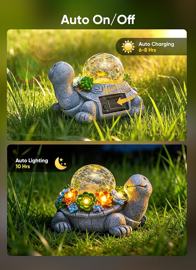 Brightown-Solar-Turtle-Garden-Decor-Statue with 5 Succulent LED Lights, Hand-Painted Resin, IP65 Waterproof Outdoor Decor for Patio, Balcony & Yard Decorations, Unique Mothers Day Gifts for Mom