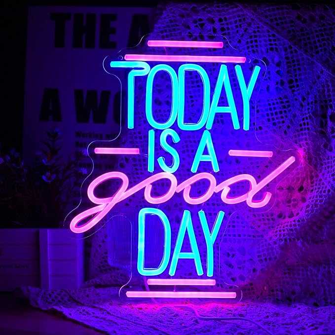 Today Is A Good Day Neon Sign Coffee Cup Milk Neon Light for Wall Decor Dimmable USB Powered 12.4 * 14.2 Inch Led Letter Neon Light Glass Sign for Coffee Shop Wedding Bedroom Party (Blue Pink)