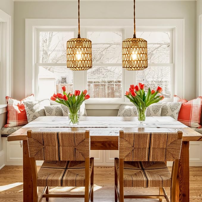 Plug in Pendant Light with 6W LED Bulb Warm Light(3000K) Dimmable Switch Cute Rattan Hanging Lamp Cord 15ft Hand Woven Plug in Chandelier Boho Hanging Lights Fixture for Bedroom Kitchen