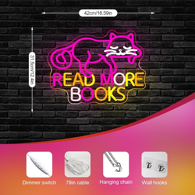 Cat Read More Books Neon Sign Led Light Dimmable LED Sign Bedroom Decor Neon Signs for Classroom Library Book Room Wall Decor Funny Gits for Children