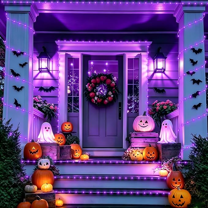 YEGUO Solar Halloween Lights, 2 Packs Each 33ft 100 LED String Lights Outdoor Waterproof, 8 Modes Fairy Lights in Clear Thin Tube for Camping Fence Patio Garden Trampoline Deck(Purple)