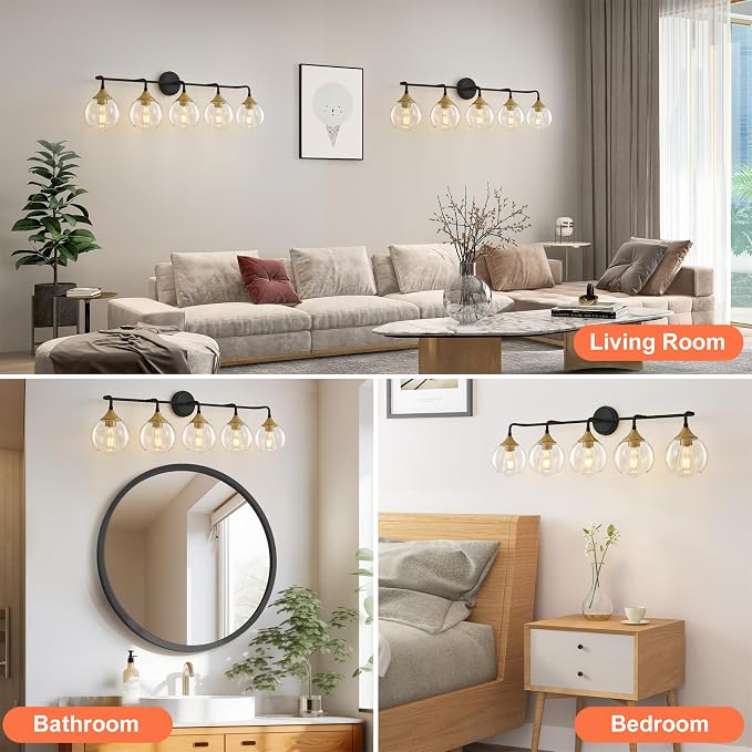 Bathroom Vanity Light 5-Light Black and Gold Vanity Light 39" | Modern Vanity Lighting Fixtures Over Mirror, Thickened Clear Glass Shade, UL E26 Dimmable Vanity Light Fixtures