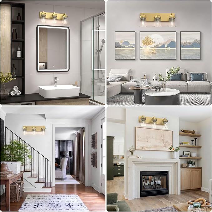 Bathroom Lighting Fixtures, 3-Light Bathroom Vanity Lights Over Mirror, Brass Vanity Light with Glass Shade, Modern Vanity Lighting Fixtures for Bedroom, Hallway