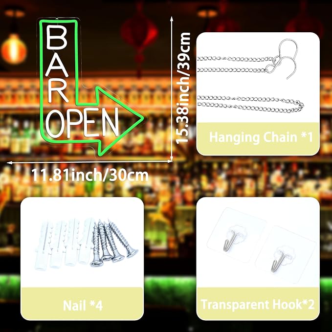 Bar Open Neon Sign for Wall Decor Dimmable Led Open Sign USB Powered Bar Arrow Light Up Sign for Man Cave Karaoke Restaurant Pub Cafe Salon (15.35 * 11.81)