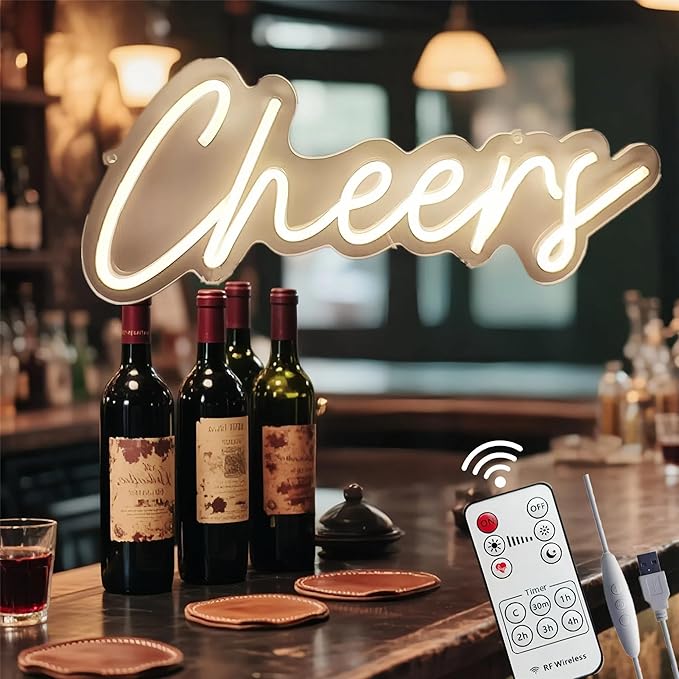 Upgraded Cheers Neon Sign with Timer Remote Control,5V USB Powered Cheers LED Signs for Home Pub,Birthday,Wedding,Bar Cart,Party 16.5 * 7in(Flash/Dimmable/Timmer)