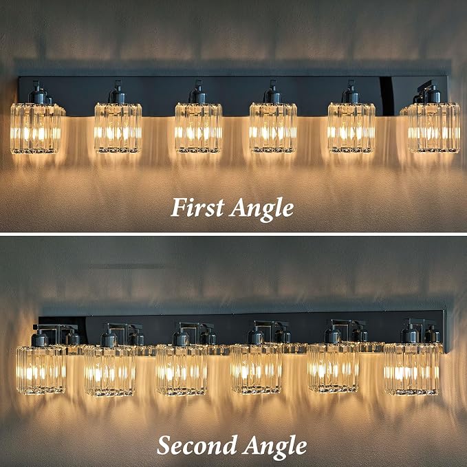 Brushed Chrome Crystal Bathroom Vanity Light, 6-Light Modern Bathroom Lighting Fixtures Over Mirror,Chrome Wall Sconce Light Fixtures with Square Shade