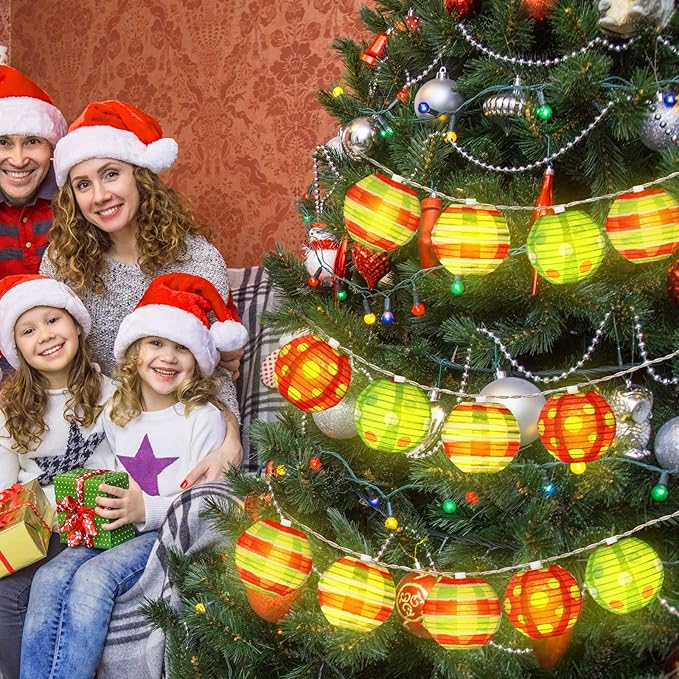 10 Pcs Christmas Paper Lanterns Red and Green Paper Lantern with LED Light 8.2 ft Christmas Hanging Ornament for Xmas Tree Decor Home Fireplace Porch Decoration Xmas Party Supplies