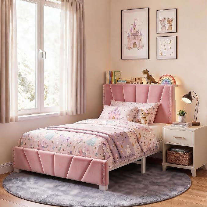 EnHomee Twin Bed Frame with LED Lights & USB, Noise-Free, Pink | Adjustable Velvet Headboard，Under-Bed Storage，Heavy Duty Support with 12 Slats，No Box Spring Needed，Easy Assembly for Bedroom