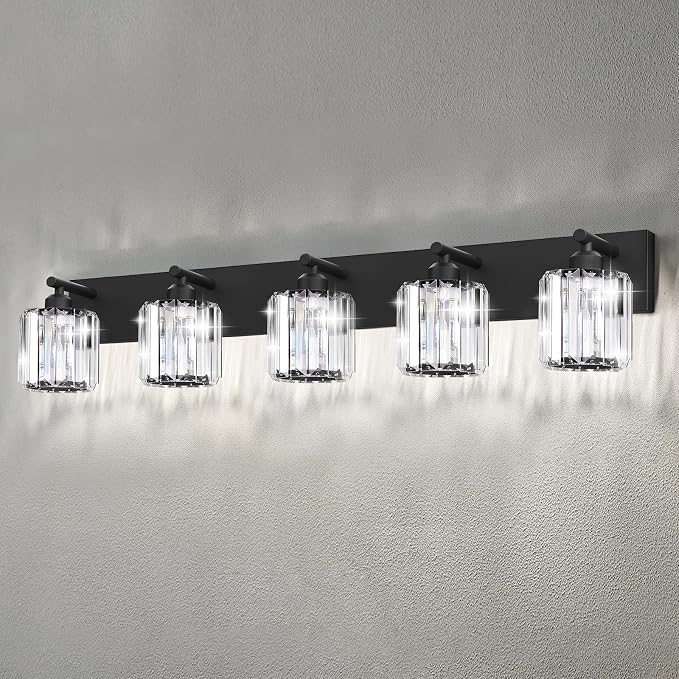 Black Crystal Bathroom Vanity Light, 5-Light Modern Bathroom Lighting Fixtures Over Mirror, Matte Black Wall Sconce Light Fixtures with Round Shade