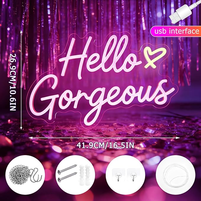 Hello Gorgeous Neon Signs for Wall Decor, Hello Beautiful Pink LED Lights | Dimmable Hello Gorgeous Light Sign for Girls Bedroom, Makeup Room, Beauty Salon, Wedding, Bachelorette Party, Gift for Women