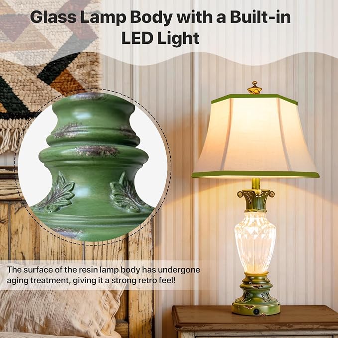 28.5" Vintage Green Table Lamps Set of 2 with Glass Nightlight | Farmhouse Lamps for Living Room Bedroom, 3-Color Temperature Bedside Lamp, Vintage Resin Lamp with Nightlight, Bulbs Included