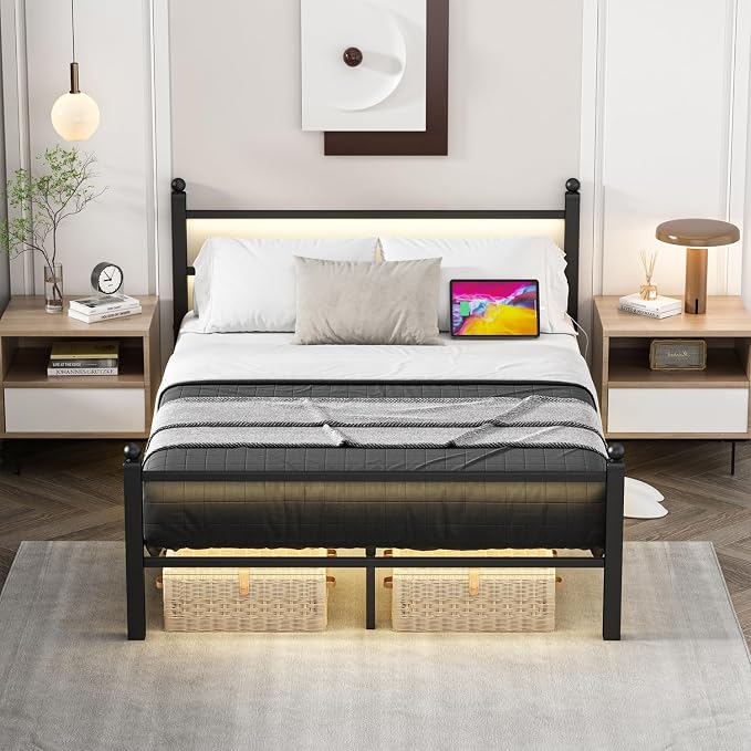 Jenmit Full Size Bed Frame with Charging Station & LED Lights, Metal Platform Bed Frame with Headboard and Footboard, Storage Space Under Bed, No Box Spring Needed, Noise Free, Easy Assembly, Black