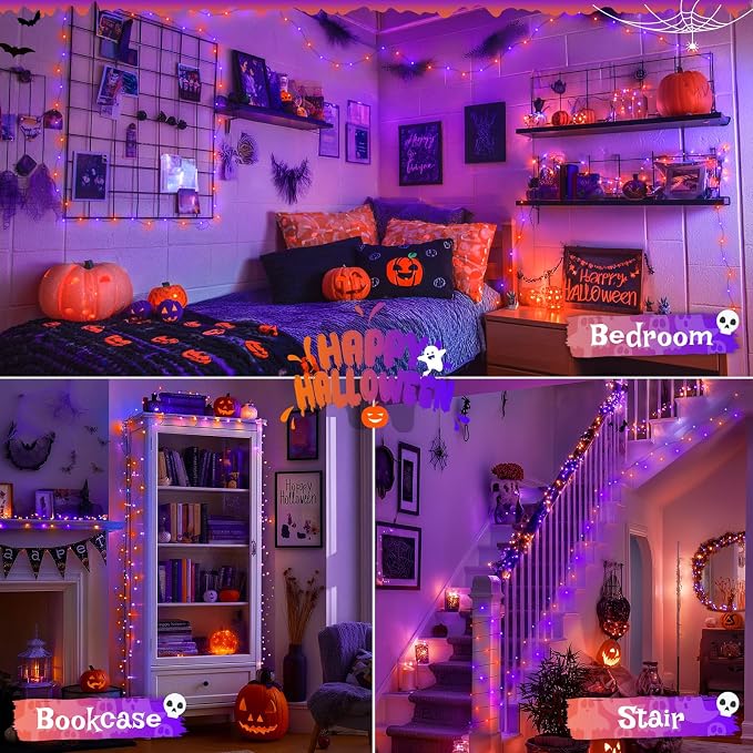 JMEXSUSS 2 Pack Orange and Purple Halloween Lights Battery Operated | Total 200 LED 66ft, Halloween Fairy Lights with Remote, 8 Modes Twinkle Lights for Fireplace Porch Tree Centerpiece Wreath