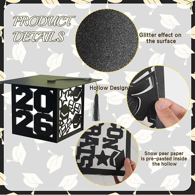 6 Pcs Graduation Table Centerpieces Boxes Class of 2026 Black Square Graduation Paper Lanterns with String Lights Hollow Out for Congrats Grad School College Table Decorations Grad Party Photo Props