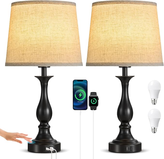 Bedside Table Lamp Touch Control Bedroom Lamps with USB A + C Charging Port 3 Way Dimmable Touch Lamps for Nightstand Living Room Bedroom Dorm Home Office Reading, Set of 2 (Beige Shade & Black Base)