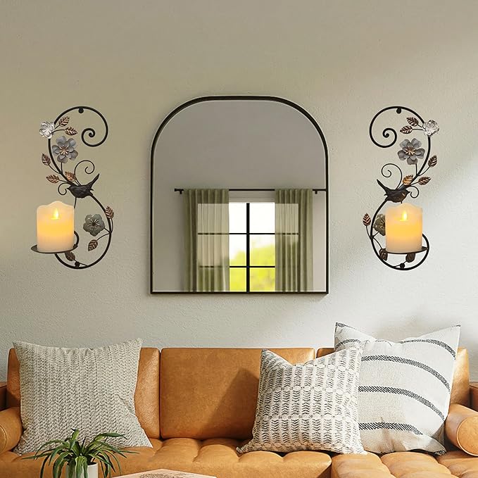 Farmhouse Wall Candle Sconces Set of 2 - Distressed Candle Holder Wall Mounted for Pillar - Vintage Metal Decor with Flower Leaves for Hallway Fireplace Bedroom Living Room