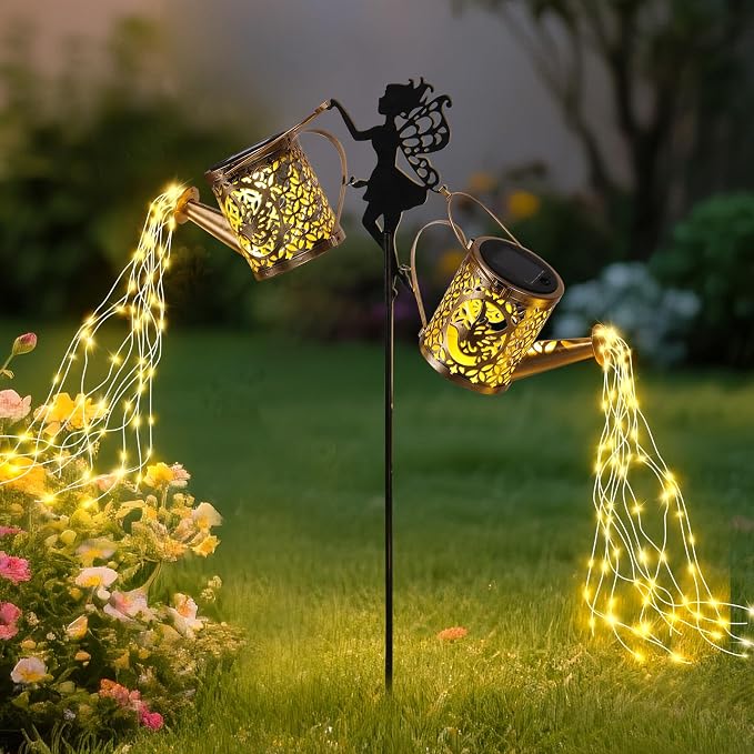ZKLiLi Solar Fairy Hummingbird Watering Can Lights Outdoor, Waterproof Garden Decor with one Pole Two Light - Hanging Patio Lawn Pathway Gift for Backyard,Lawn,Patio Gifts for Mom Grandma Women