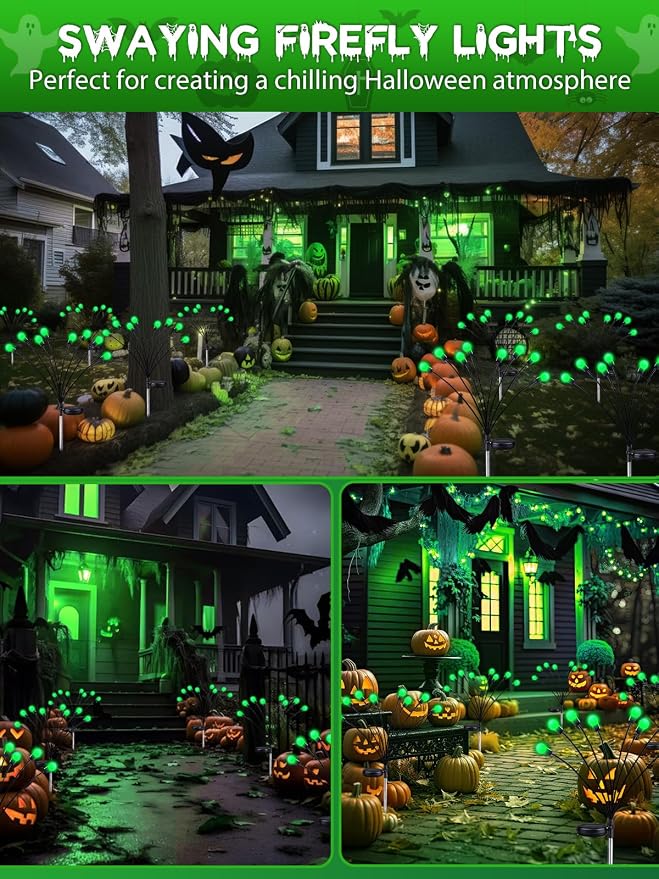 Halloween Decorations Outdoor Solar Firefly Lights 6 Pack 48 LED Green | 2 Lighting Modes, Memory Function and Auto On/Off, Sway with Wind, Waterproof Halloween Decor for Outside Horror Party Garden