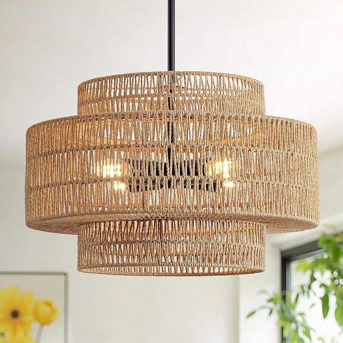4-Light Boho Rattan Chandelier for Dining Room Light Fixture, 17.7” Black Rustic Pendant Light Farmhouse Hand Woven Wicker Light Fixture for Kitchen Island, Living Room, Bedroom