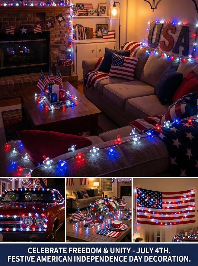 July 4th Independence Day Flower Battery Operated Indoor String Lights 30L | Red Blue White Cherry Blossom Outdoor Fairy Lights Waterproof Memorial Day