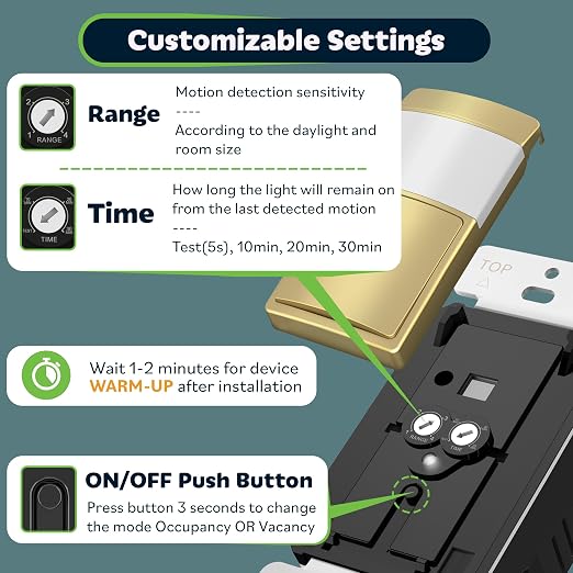 TOPGREENER PIR Motion Sensor Light Switch, No Neutral No Ground Wire, Gold | Occupancy & Vacancy Motion Sensor Switch, Operable Without Ground Wire, Single Pole, Wall Plate Included, UL Listed, 1Pack