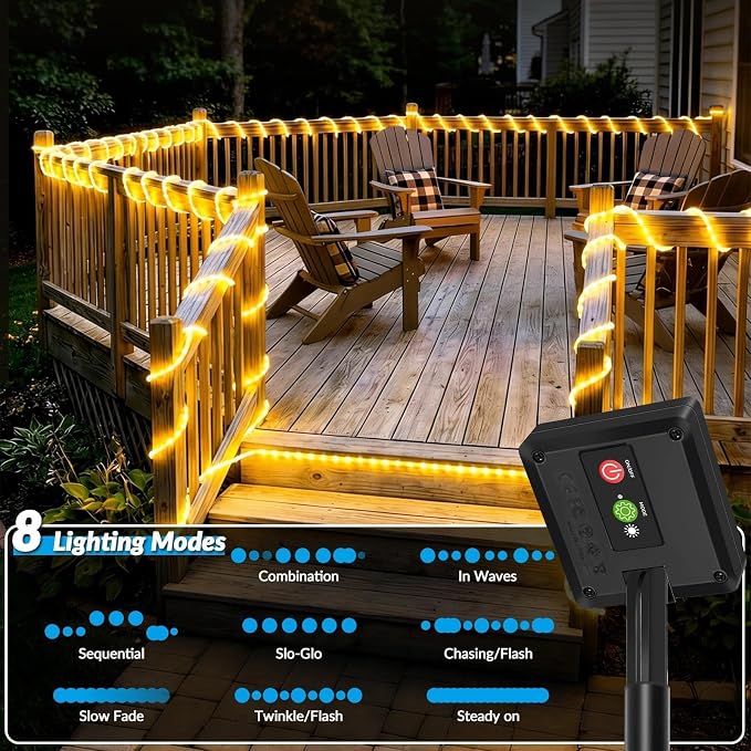 Solar Rope Lights, 4Pack 20FT 60 LED Solar Fairy Lights with 8 Lighting Modes, IP65 Waterproof Strip Light Outdoor for Garden Yard Patio Deck Fence Tree Party Holiday Decoration, Warm White