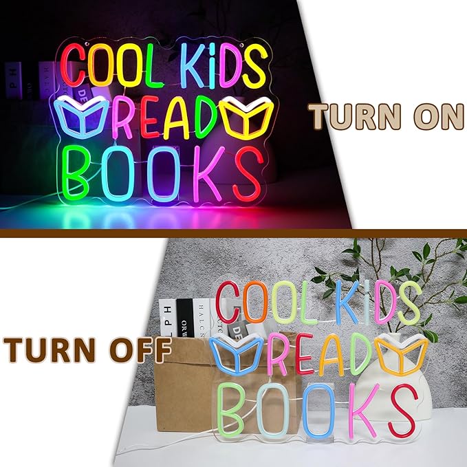 Cool Kids Read Books Neon Sign for Wall Decor, Reading Led Signs for Library, USB Dimmable Neon Lights for Classroom Reading Corner Bedroom Study Room Home Book Club Motivational Wall Art