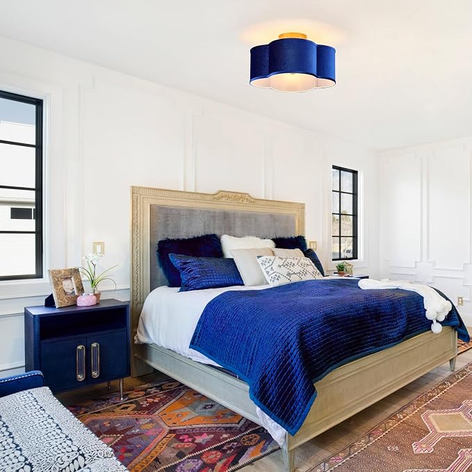 VILUXY Modern Semi Flush Mount Ceiling Light Fixture, Blue and Gold Ceiling Lights with Velvet Fabric Shade 4-Light Drum Ceiling Light Fixture for Bedroom Nursery Hallway Entryway Kitchen, UL Listed