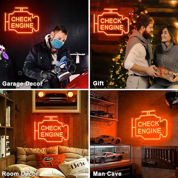 Check Engine Neon Signs for Wall Decor, Garage Led Neon Light Sign for Man Cave Decor, Funny Gifts for Dad & Car Guys, Mechanics, Auto Repair Shop, Workshop, Garage Decor, USB Powered
