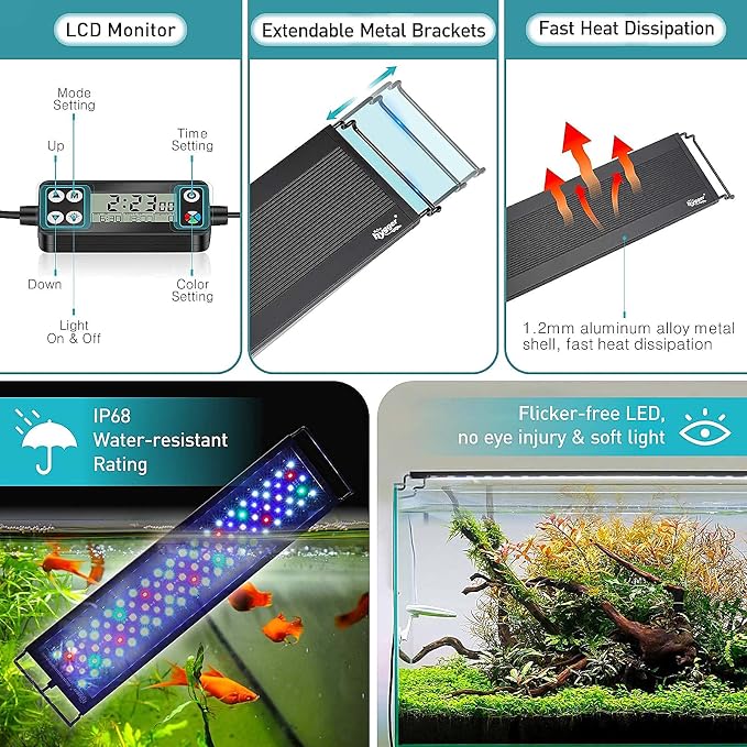 hygger Auto On Off LED Aquarium Light, Full Spectrum Fish Tank Light with LCD Monitor, 24/7 Lighting Cycle, 7 Colors, Adjustable Timer, IP68 Waterproof, 3 Modes for 12"-18" Freshwater Planted Tank
