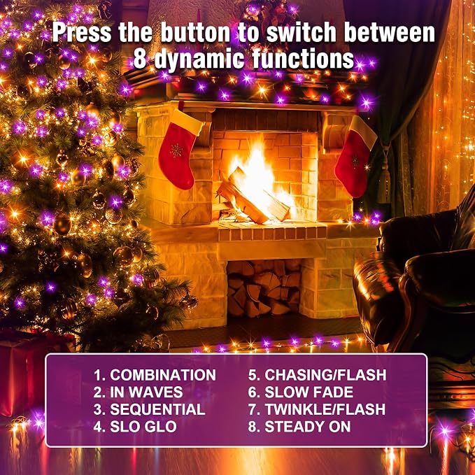 Nisocy 100FT Purple and Orange Halloween String Lights, Green Wire LED Mini Lights with 8 Modes and Timer, Plug-in Indoor Outdoor Lights for Trees, Porch, Fence, Yard, Fall and Thanksgiving Decor