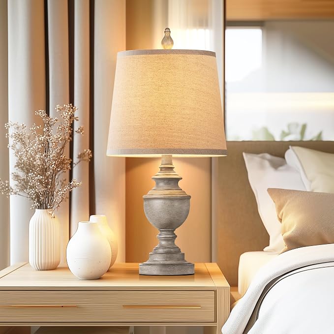 Retro Table Lamps Set of 2, Bedside Lamp for Bedroom Rustic Farmhouse Table Lamps for Living Room, 22" Vintage Nightstand Lamps with White Shades, Antique Grey