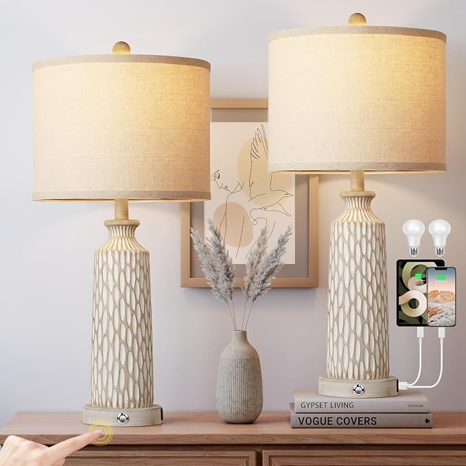 QiMH 26" Lamps for Bedroom, Farmhouse Table Lamp Set of 2, Off-White | USB A+C Charging Ports, Touch Control 3-Way Dimmable, Modern Resin Bedside Lamps for Living Room, 2700K LED Bulbs Included