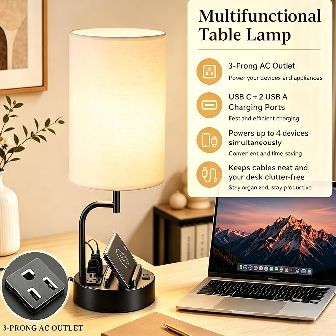 Dreamholder 2 Pack Table Lamp, Bedside Lamp with 3 USB Charging Ports & AC Outlet, USB Desk Lamp with 2 Phone Holders, Linen Fabric Shade Nightstand Lamps for Bedroom Living Room Office, Black