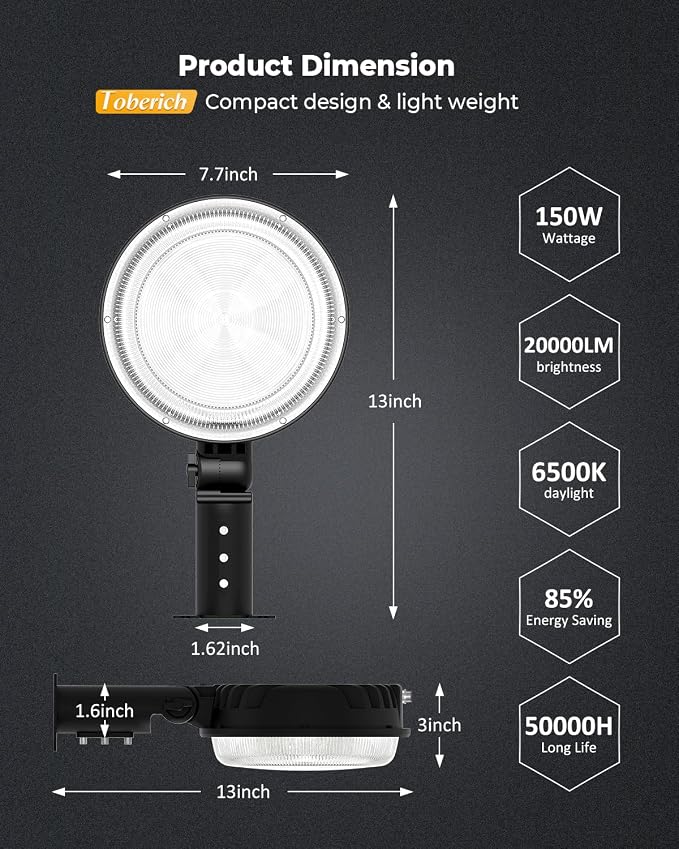 toberich 150W LED Barn Light Dusk to Dawn, 20000LM Outdoor Yard Light 6500K | Ultra Bright Security Light, Adjustable Angle, IP66 Waterproof, Photocell, AC110-120V, Lights Up Large Areas for Yard Barn