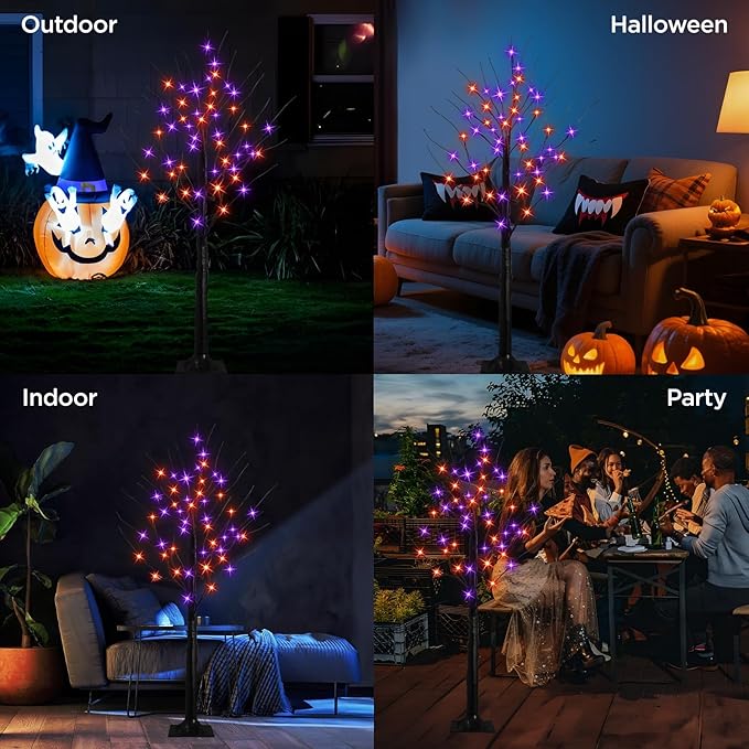 2 Pack 4FT Lighted Black Halloween Tree with 96 Purple & Orange Lights, Higher Size, Timer LED Soopky Tree Lights for Outdoor Garden Porch Home Yard Halloween Decoration