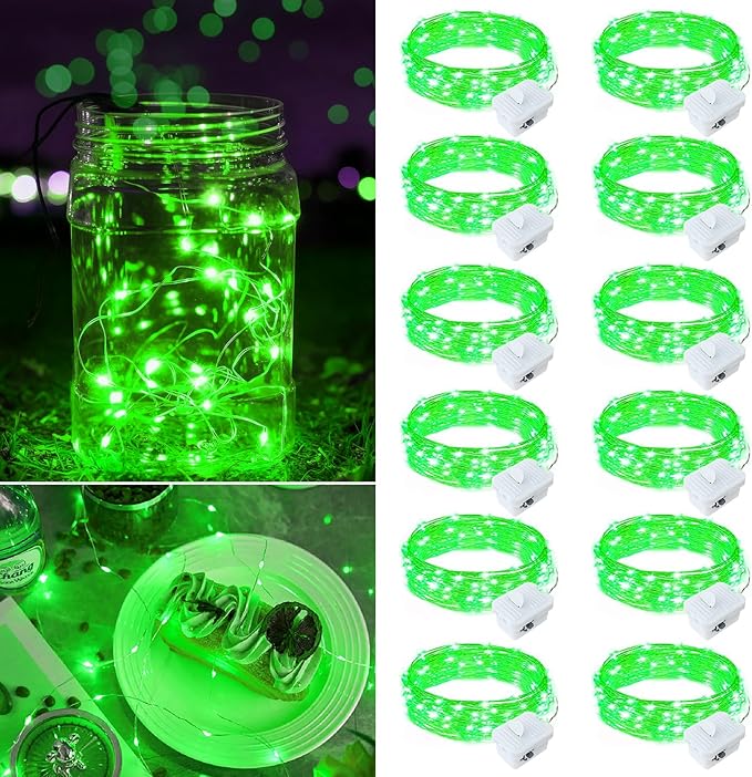 12 Pack Green Fairy Lights Battery Operated, 7ft 20 LED Mini String Twinkle Lights for St. Patrick's Day Christmas Halloween Mason Jars Centerpiece Table Decorations (12, Green)