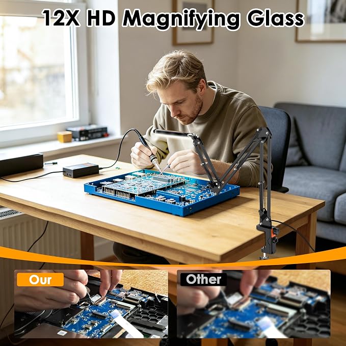 12X Magnifying Glass with Light and Stand Hands Free, Long Swing Arm Lighted Magnifier Lamp for Close Work, Dimmable Desk Magnifying Light with Clamp for Soldering Craft Jewelry Bench Sewing