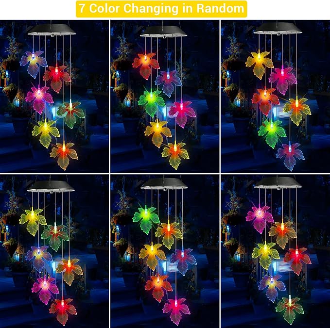 Toodour Solar Wind Chimes, Color Changing Maple Leaf Wind Chime | LED Mobile Wind Chimes, Waterproof Outdoor Wind Chime Lights for Garden, Patio, Party, Window, Thanksgiving