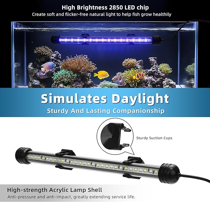 LED Submersible Aquarium Light 10W Underwater Fish Tank Light with Blue White&Blue and White Three Light Modes Timer Automatic On/Off and Dimmer Brightness Adjustable (19inch)