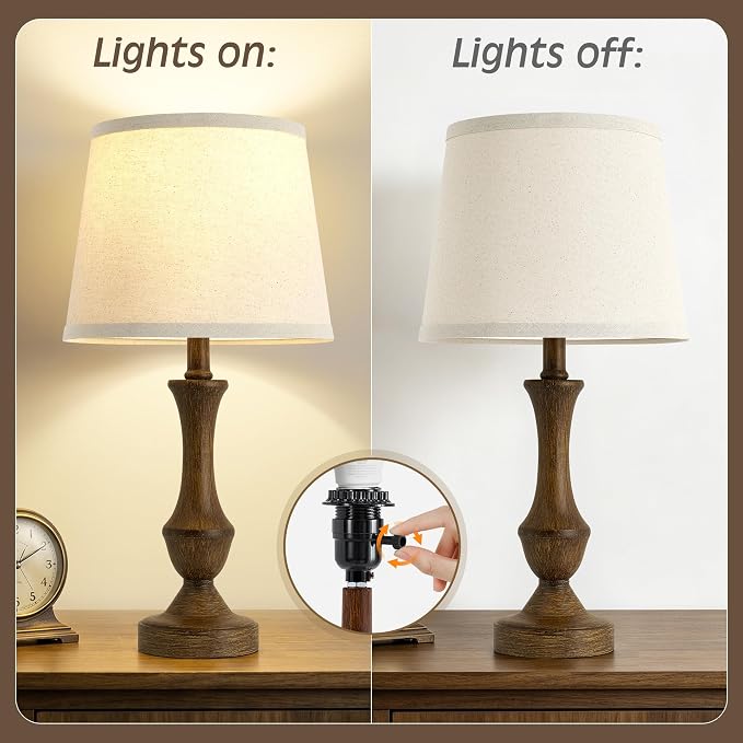 Luvkczc Table Lamp Set of 2, 19" Traditional Resin Bedside Lamps Nightstand Lamp for Living Room & Bedroom,Vintage Nightstand Lamps with Linen Shades, Wood Grain