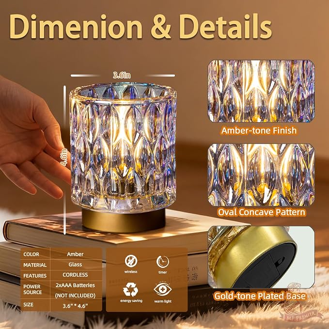 Battery Operated Table Lamp Timer, Small Cordless Lamps Decorative, 2 Pearl | Mini Crystal Lamp for Area No Plug, LED Battery Powered Lamps Wireless, Glass Accent Light for Bathroom Fireplace Shelf Decor