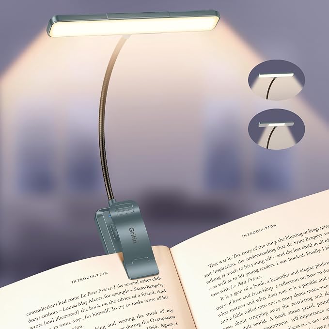 Gritin 2026 Gen 2 Book Light for Reading- 32 Eye Caring Full Spectrum LED | 5 Colors & 5 Brightness, Adjustable Wide/Narrow Beam, Upgrade 1500mAh Long-Lasting Rechargeable Clip on Light-Sea Blue