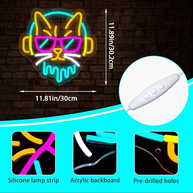DJ Cat Neon Sign for Wall Decor Dimmable DJ Cat Neon Light for Man Cave Music Birthday Gifts for Lovers LED Rock Sign for Music Room Record Studio Bedroom Bar Party 11.9 * 11.8In (WZCP177)